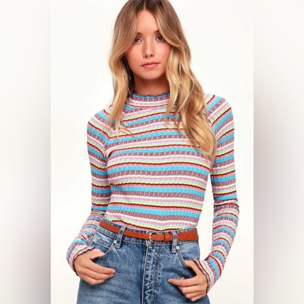 Free People Mirror Blue Striped Mock Neck Long Sleeve Top